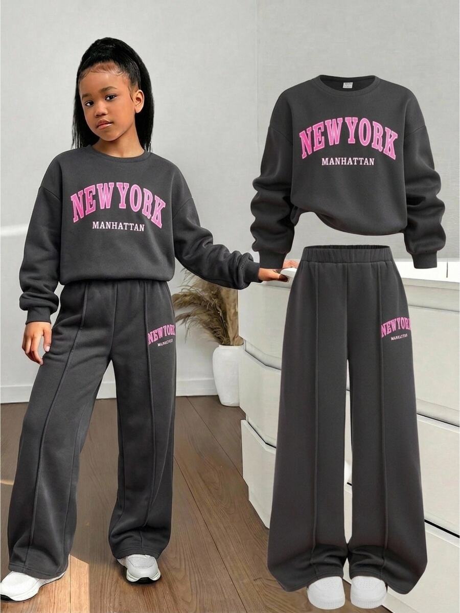青少年女孩秋冬休閒保暖內裡加厚運動衫套裝,紐約市印花寬鬆圓領落肩長袖套頭運動衫與配套印花百褶寬腿直筒運動長褲,2件式運動風套裝,深灰色 - 深灰色 - 查看 1