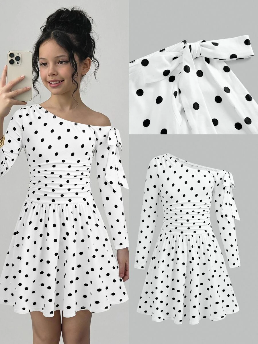 SHEIN 少女優雅甜美復古時尚不對稱單肩荷葉邊波點印花長袖傘裙，優雅公主風，正式場合姐妹套裝派對洋裝，適合假期、家庭聚會與特殊場合