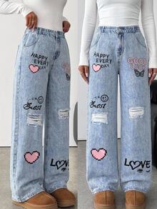 SHEIN Kids Tween Girl Cute Street Style Versatile Faux Denim Print Elastic Waist Long Pants Autumn Winter Back To School Fall Clothes Winter - Blue - View 8