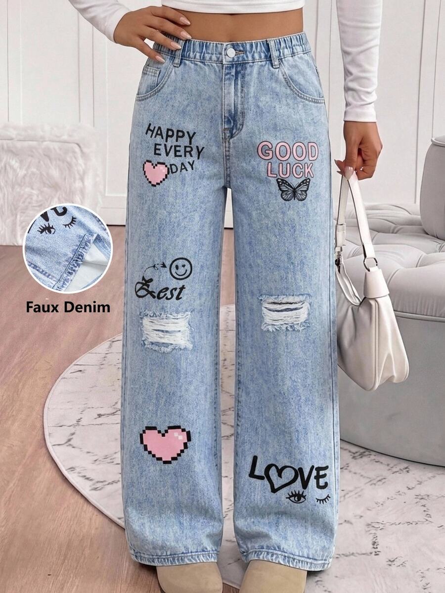SHEIN Kids Tween Girl Cute Street Style Versatile Faux Denim Print Elastic Waist Long Pants Autumn Winter Back To School Fall Clothes Winter - Blue - View 1