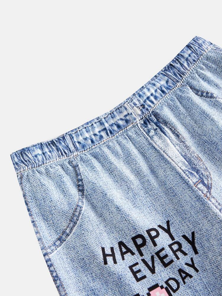 SHEIN Kids Tween Girl Cute Street Style Versatile Faux Denim Print Elastic Waist Long Pants Autumn Winter Back To School Fall Clothes Winter - Blue - View 3