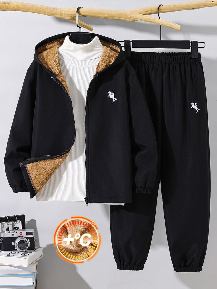 SHEIN 2pcs Tween Boys Casual Sports Thermal Lined Thick Hooded Jacket & Pants Set, Suitable For Fall/Winter, School, Family Gatherings, Back To School, Sports, FallOutfit, WinterOutfit - Black - View 3