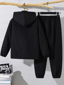 SHEIN 2件組青少年男孩休閒運動保暖內裡加厚連帽外套與長褲套裝，適合秋冬、學校、家庭聚會、返校、運動，秋季穿搭，冬季穿搭 - 黑色 - 查看 6