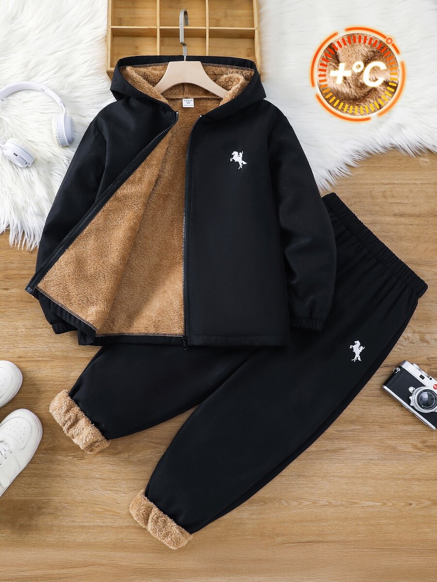 SHEIN 2件組青少年男孩休閒運動保暖內裡加厚連帽外套與長褲套裝,適合秋冬、學校、家庭聚會、返校、運動,秋季穿搭,冬季穿搭 - 黑色 - 查看 1