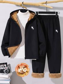 SHEIN 2件組青少年男孩休閒運動保暖內裡加厚連帽外套與長褲套裝，適合秋冬、學校、家庭聚會、返校、運動，秋季穿搭，冬季穿搭 - 黑色 - 查看 2