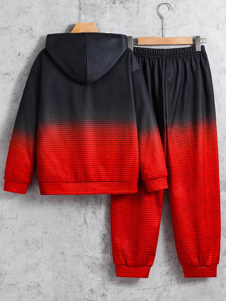 SHEIN 2pcs Kids Tween Boy Casual Daily Versatile Comfortable Gradient Tie-Dye Letter Print Pattern Hooded Loose Pullover Long Sleeve Sweatshirt And Loose Jogger Pants Knit Sweatshirt Set, Suitable For Daily Wear, School, Travel, Sports, Autumn/Winter - Red - View 3