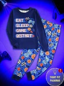 SHEIN 大童男孩修身顯瘦拼色足球圖案圓領長袖秋季休閒舒適居家睡褲 - 彩色 - 查看 2