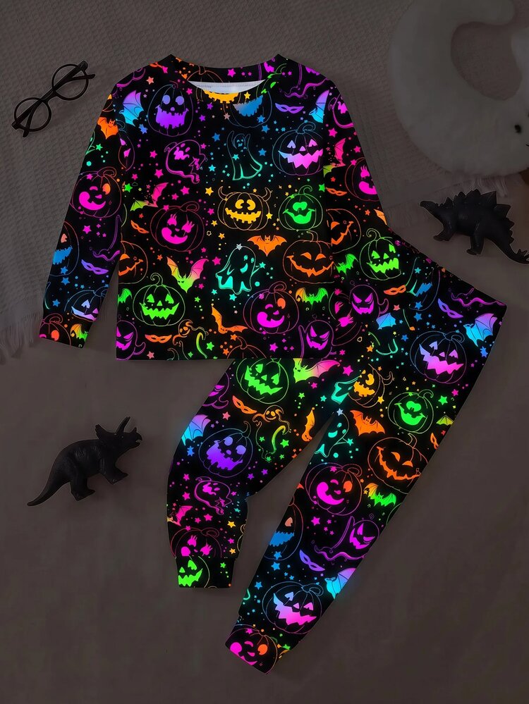 Young Boy Casual Minimalist Slim Fit Crew Neck Comfortable Long Sleeve Pants Loungewear Set, Suitable For Autumn/Winter, Snug Fit, Tight Fit, Multicolor Fluorescent Effect, Classic Halloween Pumpkin Head Graphic Print, Suitable For Halloween - Multicolor - View 1