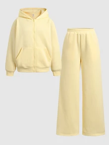 SHEIN Tween Girls Kids Casual Fashion Cream Dopamine Yellow Fleece Lined Patch Pocket Embroidered Open Front Sweatshirt Jacket & Sweatpants 2pcs Set, Y2K Youth Fashion Outfit, Suitable For Back To School, Daily Wear - Yellow - View 4