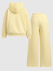 SHEIN Tween Girls Kids Casual Fashion Cream Dopamine Yellow Fleece Lined Patch Pocket Embroidered Open Front Sweatshirt Jacket & Sweatpants 2pcs Set, Y2K Youth Fashion Outfit, Suitable For Back To School, Daily Wear - Yellow - View 5