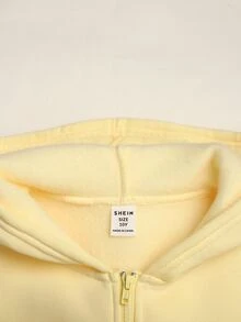 SHEIN Tween Girls Kids Casual Fashion Cream Dopamine Yellow Fleece Lined Patch Pocket Embroidered Open Front Sweatshirt Jacket & Sweatpants 2pcs Set, Y2K Youth Fashion Outfit, Suitable For Back To School, Daily Wear - Yellow - View 7