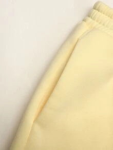 SHEIN Tween Girls Kids Casual Fashion Cream Dopamine Yellow Fleece Lined Patch Pocket Embroidered Open Front Sweatshirt Jacket & Sweatpants 2pcs Set, Y2K Youth Fashion Outfit, Suitable For Back To School, Daily Wear - Yellow - View 8