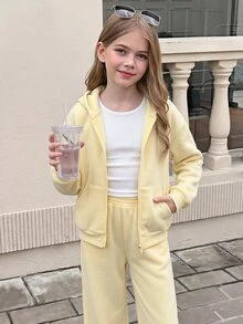 SHEIN Tween Girls Kids Casual Fashion Cream Dopamine Yellow Fleece Lined Patch Pocket Embroidered Open Front Sweatshirt Jacket & Sweatpants 2pcs Set, Y2K Youth Fashion Outfit, Suitable For Back To School, Daily Wear - Yellow - View 3