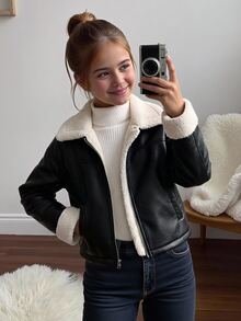 SHEIN 青少年女孩落肩泰迪內裡PU皮革夾克 - 黑色 - 查看 1
