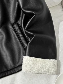 SHEIN 青少年女孩落肩泰迪內裡PU皮革夾克 - 黑色 - 查看 6