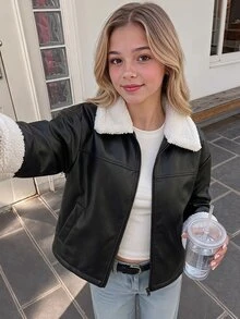 SHEIN 青少年女孩落肩泰迪內裡PU皮革夾克 - 黑色 - 查看 2