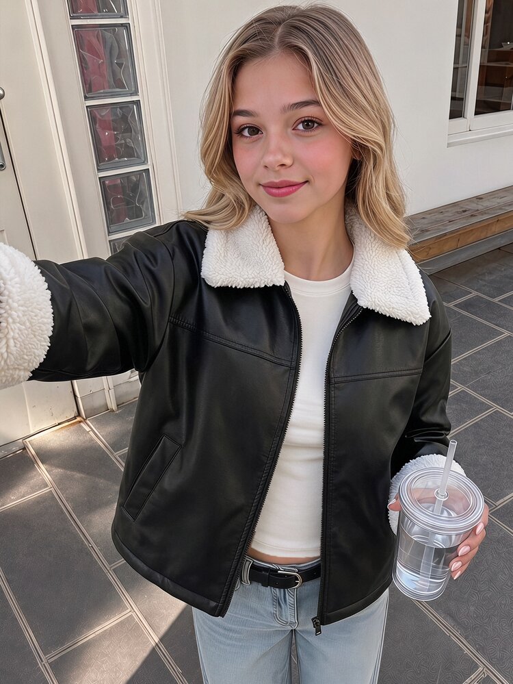 SHEIN Tween Girl Drop Shoulder Kids Teddy Lined PU Leather Winter Jacket - Black - View 2