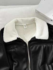 SHEIN 青少年女孩落肩泰迪內裡PU皮革夾克 - 黑色 - 查看 5