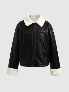 SHEIN 青少年女孩落肩泰迪內裡PU皮革夾克 - 黑色 - 查看 3