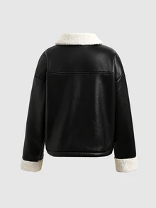 SHEIN 青少年女孩落肩泰迪內裡PU皮革夾克 - 黑色 - 查看 4