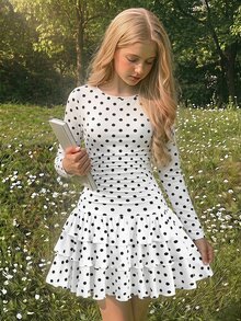 SHEIN 少女秋季/冬季休閒法式優雅白色波點印花長袖鬆緊抓皺多層荷葉邊洋裝，適合秋季出遊、開學季、日常穿著、派對穿搭 - 白色 - 查看 4