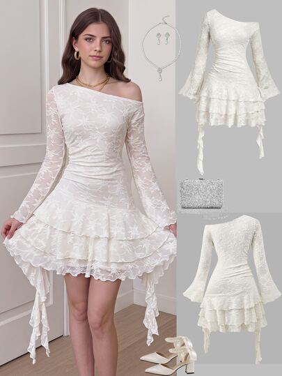SHEIN Teen Girls Casual Elegant Knitted Lace Asymmetric Design Asymmetrical Shoulder Ruched Flare Sleeve Long Sleeve Multi-Layer Ruffle Hem Dress, Commute, Elegant, Vacation, Party, Music Festival, Lace Evening Gown
