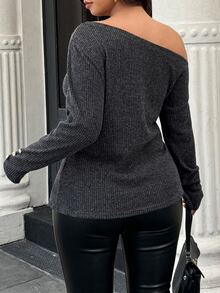 Easura Women's Plus Size Urban Sexy Casual Commute Minimalist Asymmetric Shoulder Fuzzy Button Decor Knit Top Autumn Formal Going Out Grey - Dark Grey - View 4