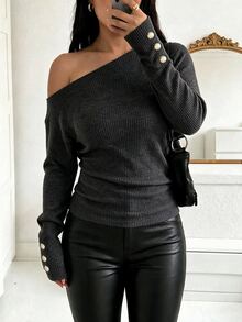 Easura Women's Plus Size Urban Sexy Casual Commute Minimalist Asymmetric Shoulder Fuzzy Button Decor Knit Top Autumn Formal Going Out Grey - Dark Grey - View 5