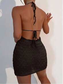 Swim Vcay Vacation Beach Vacation Solid Color Backless Halter Neck Hollow Knit Cover-Up Dress Chocolate Brown Summer Sexy Tropical - Coffee Brown - View 2