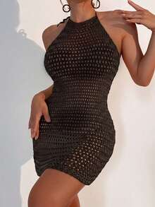 Swim Vcay Vacation Beach Vacation Solid Color Backless Halter Neck Hollow Knit Cover-Up Dress Chocolate Brown Summer Sexy Tropical - Coffee Brown - View 3