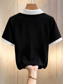 GlowEve CURVE 大尺碼夏季休閒拼色拼接襯衫 - 黑與白 - 查看 2