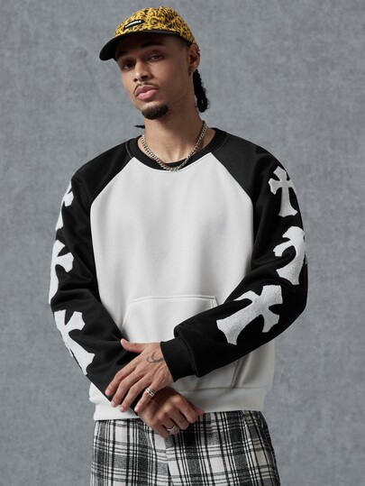 PAVTROS Men's Streetwear Hot-Selling Black & White Colorblock Raglan Sleeve Pullover Sweatshirt, Gift For Boyfriend/Husband, Casual Party & Travel