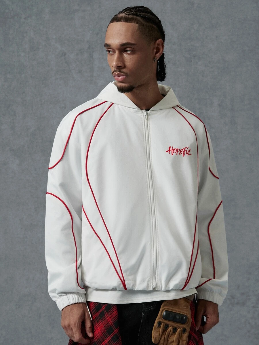 PAVTROS Men's Letter Print Striped Colorblock Hooded Jacket - White - View 1