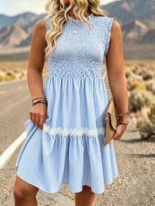 Linhara CURVE Plus Size Women's Elegant Striped Sleeveless Dress For Daily Commute - Blue - View 3