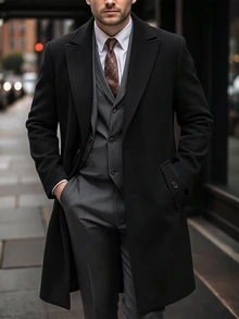 Manfinity CasualCool Men's Solid Color Pocket & Button Front Long Sleeve Overcoat, Autumn Fall, Winter Ceremony - Black - View 7