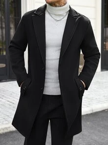 Manfinity CasualCool Men's Solid Color Pocket & Button Front Long Sleeve Overcoat, Autumn Fall, Winter Ceremony - Black - View 5