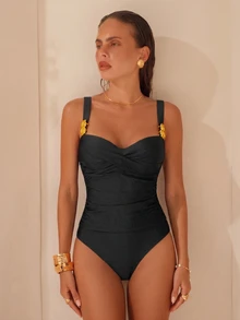 Swim Chiccia Elegant Metallic Solid Color Tankini Swimwear With Adjustable Straps & High-Waisted Bottoms, 2pcs Set - Black - View 3