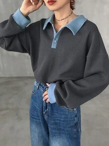 FRIFUL Women's Korean Style Autumn Colorblock Thick Waffle Knit T-Shirt - Grey - View 5