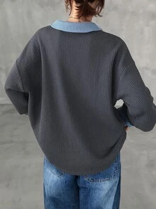 FRIFUL Women's Korean Style Autumn Colorblock Thick Waffle Knit T-Shirt - Grey - View 2