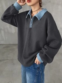 FRIFUL Women's Korean Style Autumn Colorblock Thick Waffle Knit T-Shirt - Grey - View 3