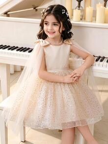 SHEIN Glamorique Kids 女童香檳色仙女風緞面網紗亮片刺繡可拆式蝴蝶結裝飾無袖洋裝，適用生日派對、晚宴、婚禮、伸展台、畢業舞會及其他重要場合 - 杏色 - 查看 1