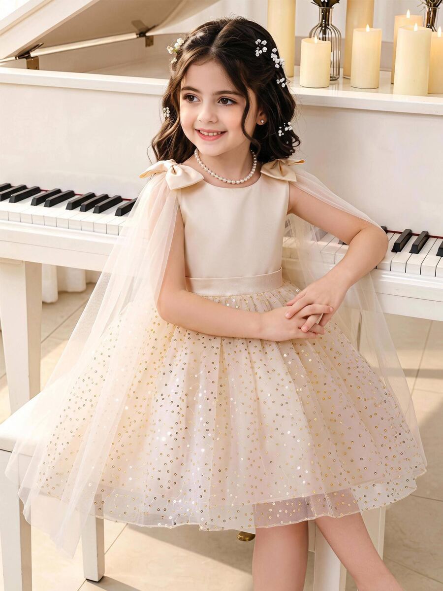 SHEIN Glamorique Kids 女童香檳色仙女風緞面網紗亮片刺繡可拆式蝴蝶結裝飾無袖洋裝,適用生日派對、晚宴、婚禮、伸展台、畢業舞會及其他重要場合 - 杏色 - 查看 1