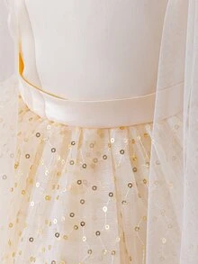 SHEIN Glamorique Kids 女童香檳色仙女風緞面網紗亮片刺繡可拆式蝴蝶結裝飾無袖洋裝，適用生日派對、晚宴、婚禮、伸展台、畢業舞會及其他重要場合 - 杏色 - 查看 7