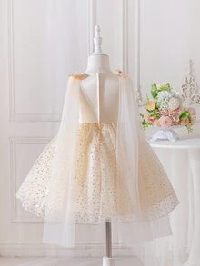 SHEIN Glamorique Kids 女童香檳色仙女風緞面網紗亮片刺繡可拆式蝴蝶結裝飾無袖洋裝，適用生日派對、晚宴、婚禮、伸展台、畢業舞會及其他重要場合 - 杏色 - 查看 4