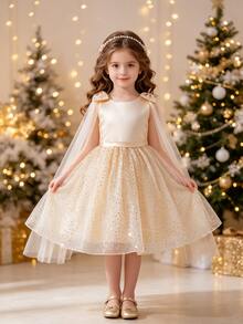 SHEIN Glamorique Kids 女童香檳色仙女風緞面網紗亮片刺繡可拆式蝴蝶結裝飾無袖洋裝，適用生日派對、晚宴、婚禮、伸展台、畢業舞會及其他重要場合 - 杏色 - 查看 2
