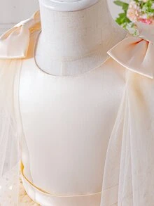 SHEIN Glamorique Kids 女童香檳色仙女風緞面網紗亮片刺繡可拆式蝴蝶結裝飾無袖洋裝，適用生日派對、晚宴、婚禮、伸展台、畢業舞會及其他重要場合 - 杏色 - 查看 6