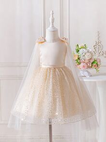 SHEIN Glamorique Kids 女童香檳色仙女風緞面網紗亮片刺繡可拆式蝴蝶結裝飾無袖洋裝，適用生日派對、晚宴、婚禮、伸展台、畢業舞會及其他重要場合 - 杏色 - 查看 3