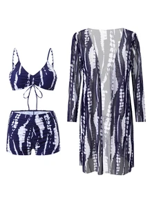 Swim Lushoire 女款夏季海灘花卉印花比基尼套裝附和服罩衫 - 藏蓝色 - 查看 2