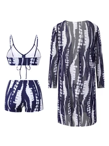 Swim Lushoire 女款夏季海灘花卉印花比基尼套裝附和服罩衫 - 藏蓝色 - 查看 6
