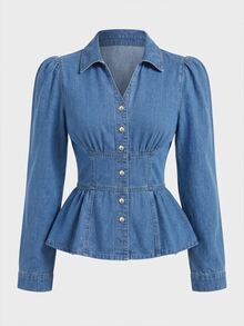 GlowEve Women's Puff Long Sleeve Single-Breasted Casual Denim Jacket - Blue - View 2